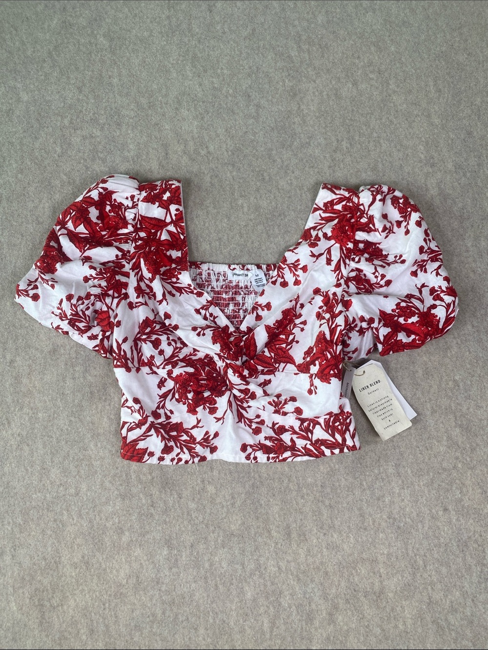 Midnight Sky Red Floral Linen Blend Puff Sleeve Crop Top Size M NWT